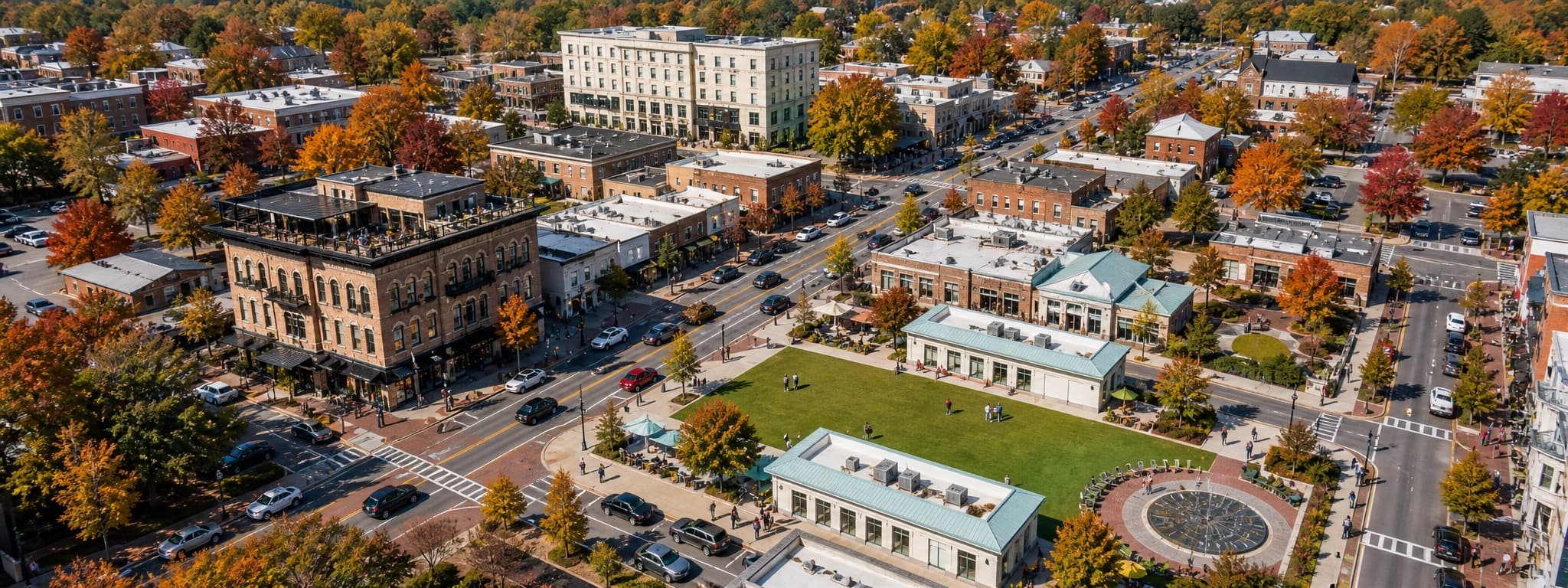 Aerial view of downtown Alpharetta's city center in autumn